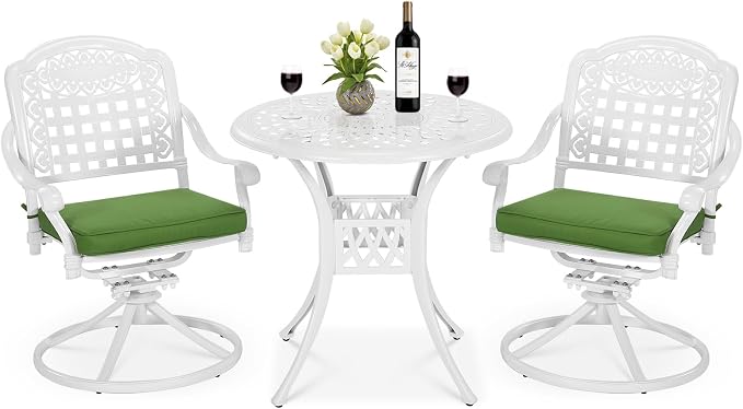 MEETWARM 3-Piece Outdoor Patio Dining Set, All-Weather Cast Aluminum Patio Conversation Set with 2 Cushions Swivel Rocker Chairs and 31" Round Table for Backyard Garden Deck, Umbrella Hole, White