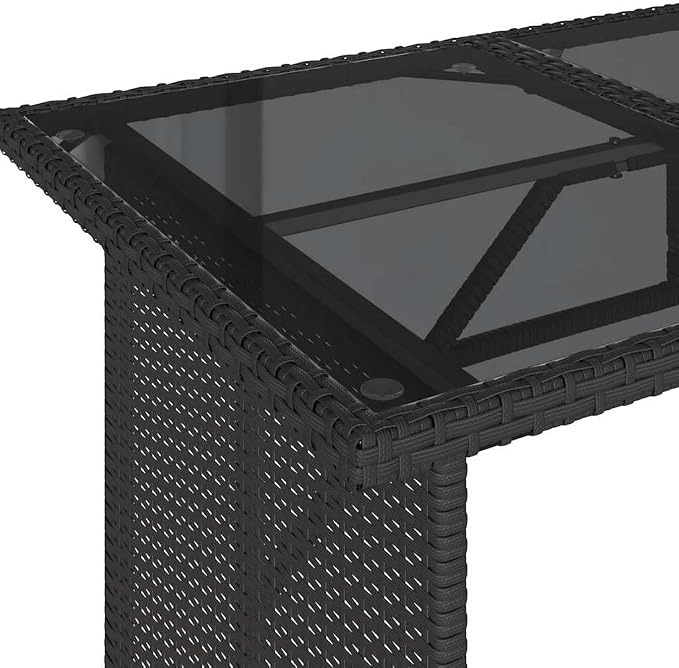 Garden Table Black Poly Rattan 43.3 in L Tempered Glass | Powder-Coated Steel Frame, 26.8 in W, Easy Clean Surface, for Patio Dining