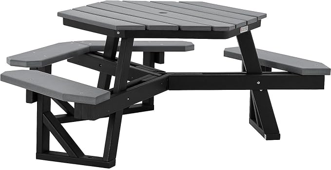 Global Industrial Outdoor 46" Hexagonal ADA Accessible Picnic Table with 3 Attached Benches, Recycled Plastic Construction, 1600 Lbs Weight Capacity, Gray