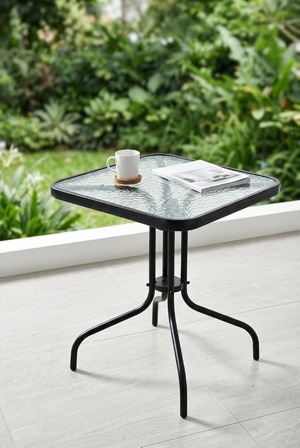 Outdoor Square Glass Patio Table, Tempered Glass Top Bistro Table with Rust-Resistant Metal Frame, Small Coffee Table for Balcony, Garden, Patio