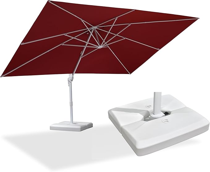 PURPLE LEAF 10' × 13' Patio Umbrella With Base White Cantilever Umbrella Square Outdoor Offset Umbrella Windproof with 360° Rotation for Garden Deck Pool, Ruby Red