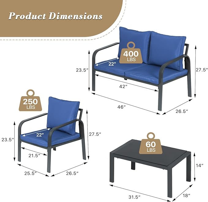 Athena Collection Patio Furniture Set 4 Pieces Outdoor Conversation Sets with Coffee Table & Cushions, All Weather Bistro Chairs Set for Balcony, Lawn, Garden, Poolside, Blue