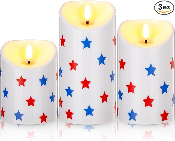 Tuanse Set of 3 4th of July Flameless Candles Battery Operated Patriotic Red & Blue Pentagram Pillar Candles, Mixed Size LED Light Candle for 250th Anniversary Independence Memorial Day Table Decor