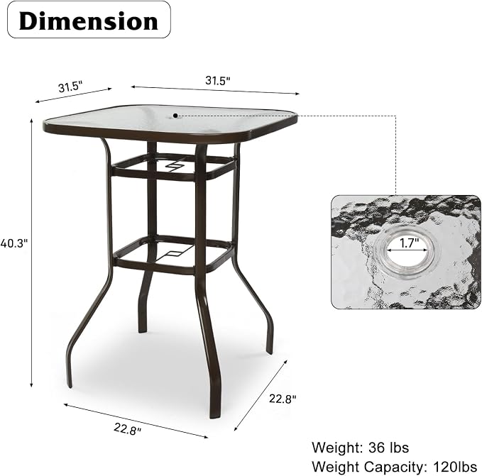 VINGLI Patio Bistro Table with Umbrella, 31.5" Square Outdoor Metal Beer Set with 40.3" Tall Glass Top, 7.5FT Tilt Crank Umbrella with Water-Resistant Fabric for Garden Pool Deck (Gray)