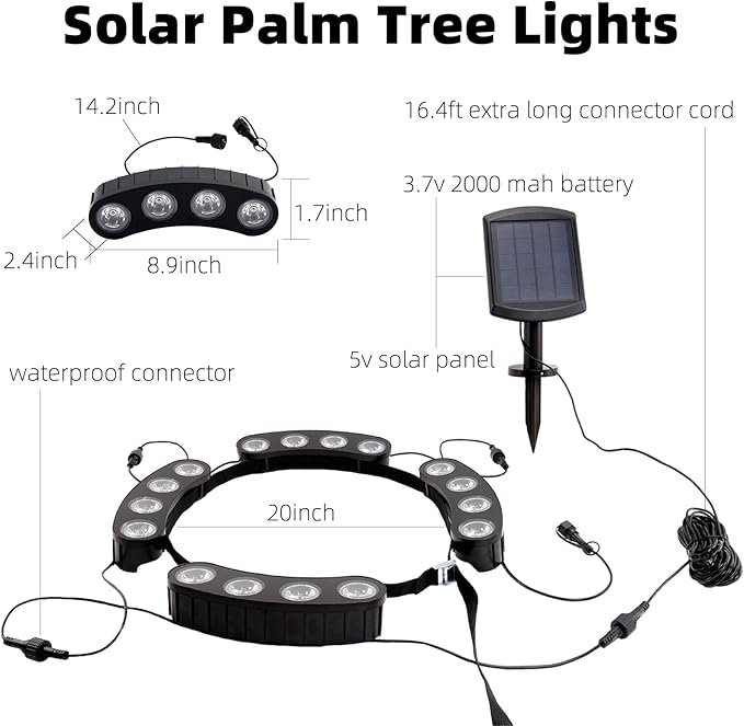 Sublume Solar Tree Lights Outdoor, Palm Tree Ring Uplights with Warm White LED for Tree, 2-in-1 (Sticked&Tied), IP65 Waterproof, 2000Mah Upgraded COB Spotlights for Garden, Landscape, Yard, Decor