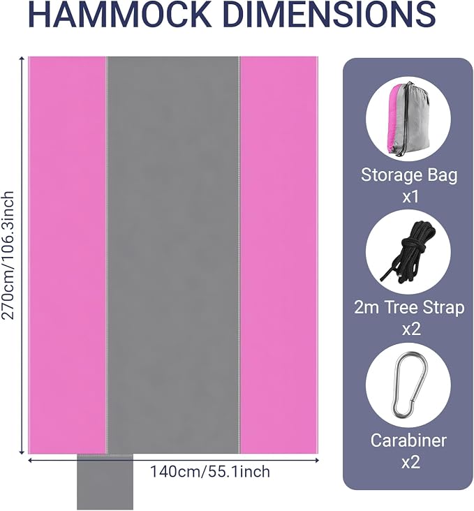 Camping Hammocks, Portable Lightweight Parachute with Tree Straps, Single or Double Hammock Without Stand, Nylon Camping Gear for Outdoor Beach Backpacking Hiking, Camping Essentials(Pink & Gray)