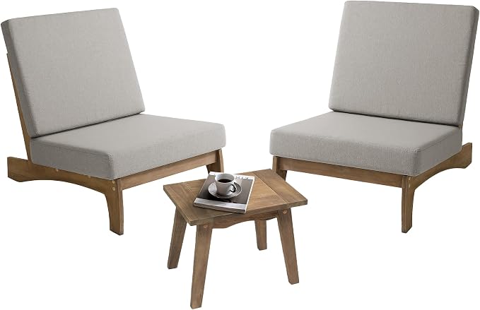 3 Piece Wood Patio Chair Outdoor Bistro Set, All Weather Outdoor Furniture Patio Sofa Chair Backyard Seating Group Conversation Sets with Wooden Side Table - Light Camel