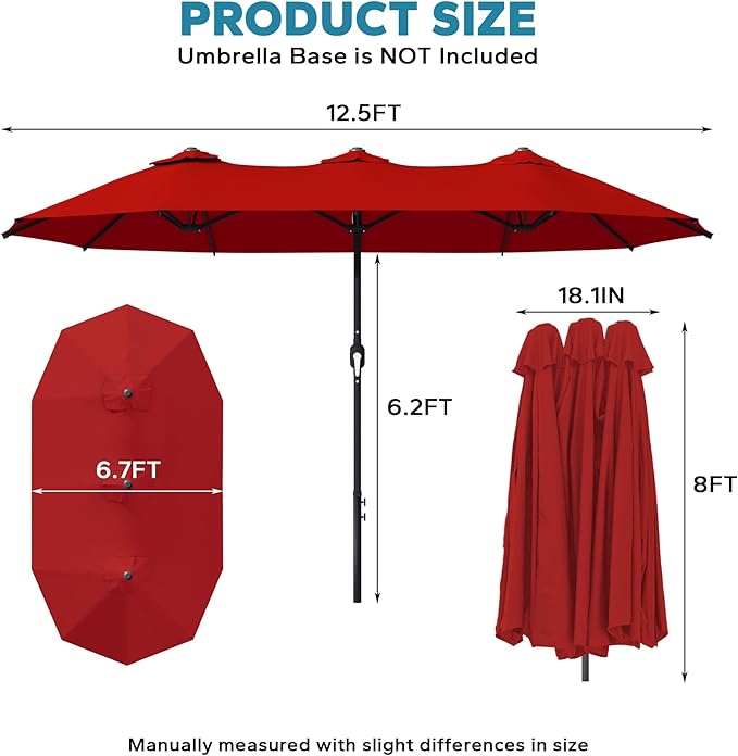 12.5ft Large Double-sided Pool Umbrella, Outdoor Patio Umbrella with Crank Handle, Market Umbrella for Garden, Backyard (Red)