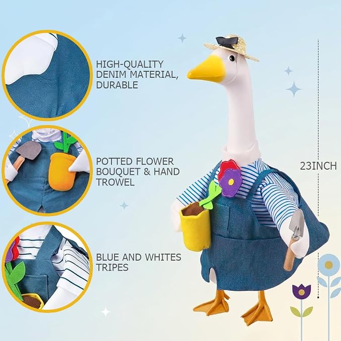 Gardener Goose Outfit, Fits Large 23" Goose Statue,Porch Goose Clothes with Hat, Flower Pot and Tiny Shovel Design, for Spring Summer Outdoor Garden Decor