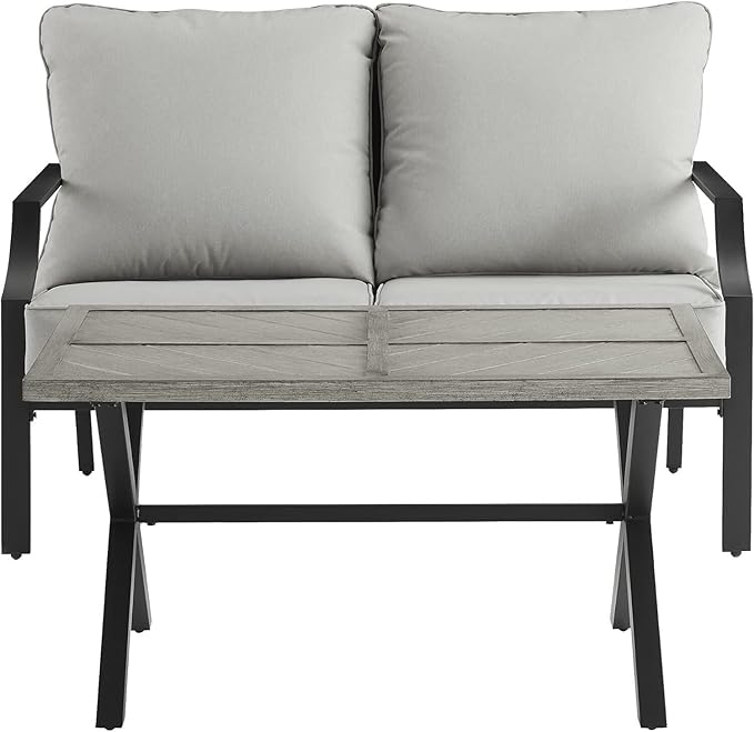 Urban Oasis Outdoor Metal 2-Piece Seating Set (Loveseat, Coffee Table), Matte Black with Gray Cushions - 50 x 72 x 33.25 in, Modern Patio Conversation Sets, Sturdy Steel Construction