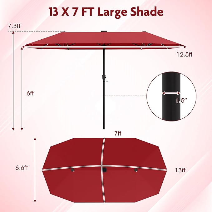 Tangkula 13 Ft Solar Patio Umbrella, Double-Sided Extra Large Outdoor Market Table Umbrella with 108 LED Lights, Crank Handle, 12 Sturdy Ribs for Poolside, Garden & Backyard (Burgundy)