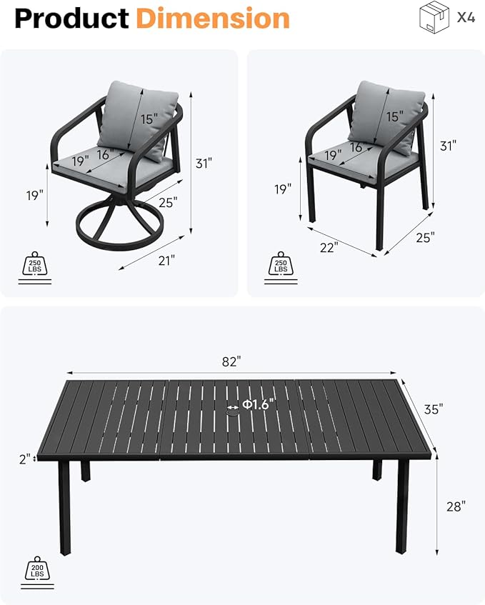 9-Piece Outdoor Dining Set for 8, Never-Rust Aluminum Patio Dining Set with 2 Swivel Chairs, Outdoor Table and Chairs with Removable Cushions, Patio Furniture Set for Deck, Garden, Lawn, Black