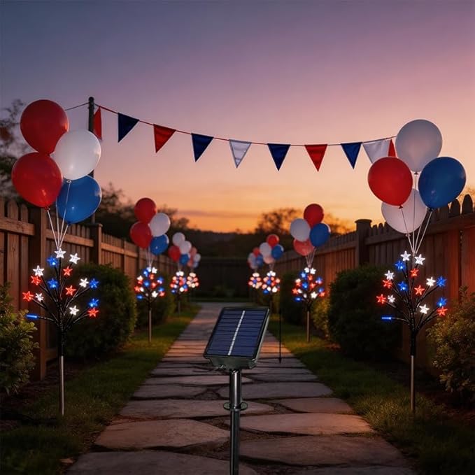4th of July Decorations Outdoor, 5 Pack Solar Star Lights Red White Blue, 29.5IN 22.3FT 75 LED Patriotic Pathway Lights, 8 Modes Auto On/Off IP65 Waterproof Yard