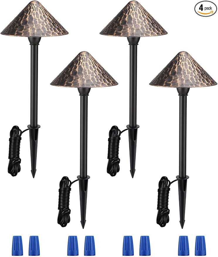 LEONLITE LED Low Voltage Landscape Path Light, 3W 12-24V AC/DC, Pathway Lighting Wired, Outdoor Light for Yard Lawn, ETL CRI90+ Unique Vintage Golden Texture, Aluminum, 3000K Warm White, Pack of 4