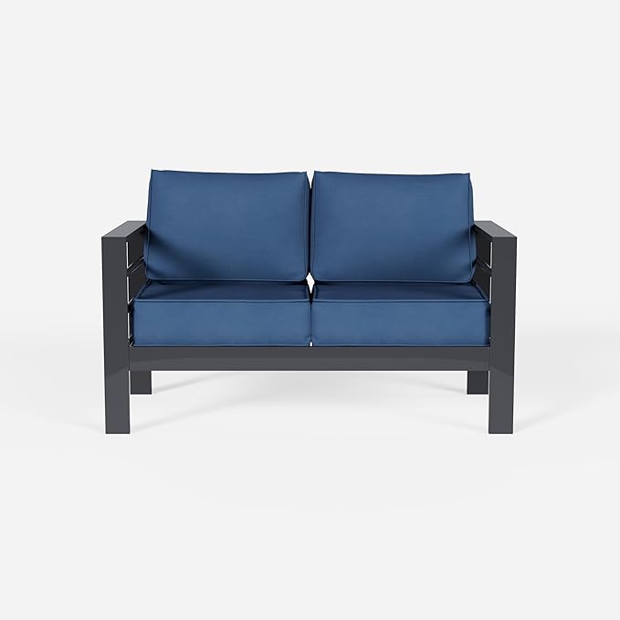 Aluminum Patio Furniture Set, Loveseat Outdoor Set with 5 Inch Cushions, Patio Loveseat Sets with Waterproof Covers for Backyard Garden(Grey&Blue)