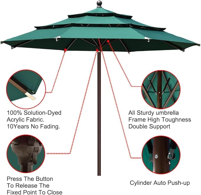 EliteShade USA 10-Year-Non-Fading 11ft 3-Tier Market Patio Umbrella, Commercial Grade Outdoor Table Umbrella with Cylinder Push-Up, Windproof & UPF 50+ UV Protection, Heavy Duty Ventilation for Garden, Deck, Pool, Backyard, Beach & Bistro, Forest Green