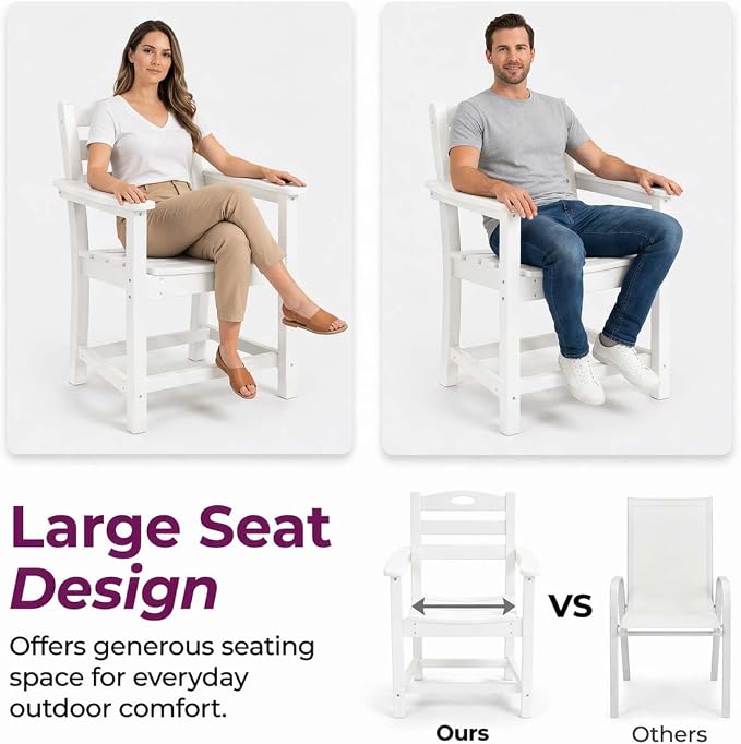 WILLIAMSPACE 37.8" Outdoor Patio Dining Set with 4 Armchairs, All Weather HDPE Square Dining Table with Umbrella Hole, Patio 5-Piece Bistro Set for Backyard, Balcony, Lawn, Kitchen (White)
