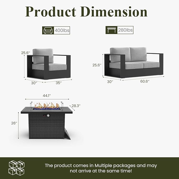 LayinSun Oversized Aluminum Outdoor Furniture Set, 4 Piece Patio Sofa Sets with Fire Pit Table, Deep Seating and Upgraded 6-inch Cushions for Porch, Balcony, Deck
