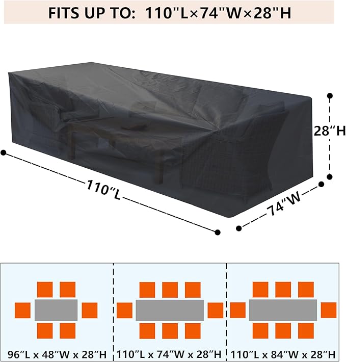 Patio Furniture Cover 110" L x 74" W x 28" H - Heavy Duty Outdoor Patio Table & Chair Cover, Waterproof UV Resistant Dustproof Protector for 8-12 Seats Sectional Sofa, Black