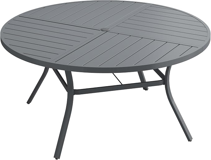 50" Outdoor Dining Table with Adjustable Umbrella Hole, Metal Slatted Round Patio Dining Table for Backyard Garden Deck, Dark Grey