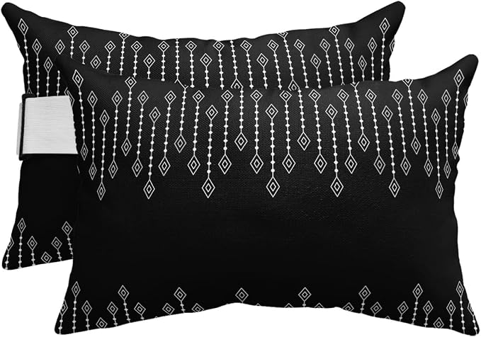 Outdoor Pillows Covers with Inserts Bohemian Geometric Pattern Rhombus Black Waterproof Recliner Pillow with Adjustable Strap Throw Pillows for Patio Furniture Pool Lounge Chair, 12x20 inch, 2PCS