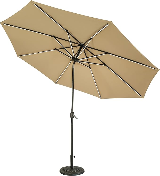 Island Umbrella Calypso 11 ft Octagon Patio Umbrella – With Crank Lift, Push-Button Tilt, Rust-Resistant Aluminum Pole, 8-Rib Frame, Solar LED Lights & Breez-Tex Weather-Resistant Canopy – Champagne