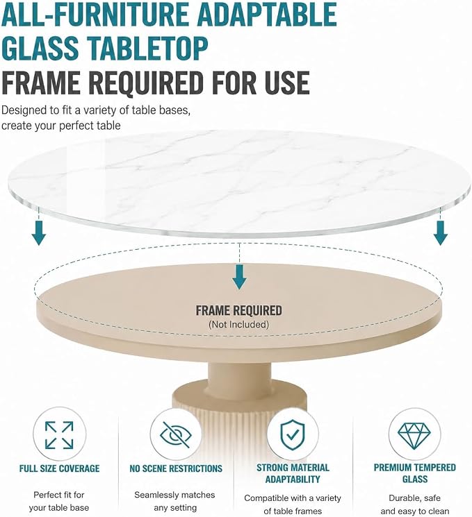30" Round Tempered Glass Table Top, 5/16" (8mm) Thick, Marble Pattern Replacement, Heavy-Duty, Heat & Scratch Resistant for Coffee, Dining & Patio Tables, White