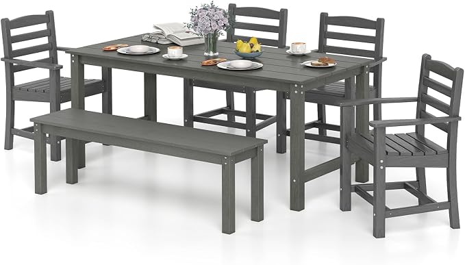 Tangkula 6 Pieces Patio Dining Bench Set, Outdoor HDPE Weather Resistant Table and Chairs Set with 1.77” Umbrella Hole and Wood-Like Surface, Outside Furniture Set for Garden, Backyard (Gray, 6 Pcs)