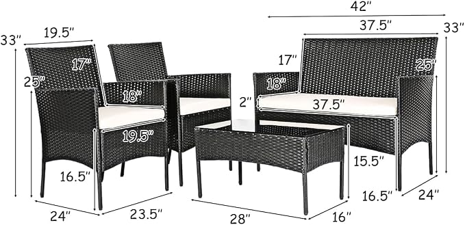 COSTZON HOMGX 4 Pieces Patio Furniture Set, Rattan Wicker Conversation Set w/Tempered Glass Top Table & 3 Cushioned Porch Chairs, Outdoor Wicker Sofa Set for Backyard, Garden, Poolside (Beige)