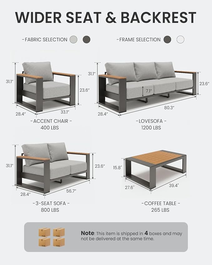 Oversized Aluminum Patio Furniture Set, 4 Pieces Luxury Outdoor Furniture Set with 7.1" Extra Thick Cushion, Modern Outdoor Sectional with Coffee Table for Porch, Garden and Deck, Gray
