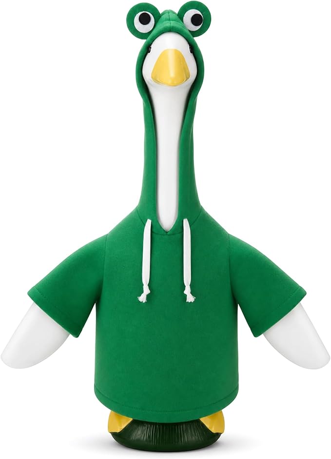 Frog Porch Goose Outfit for 23" Cement Plastic Goose Clothes Green Costume with Horns for 23" Geese Statue Decoration Patio Yard Garden Lawn Outdoor Decors