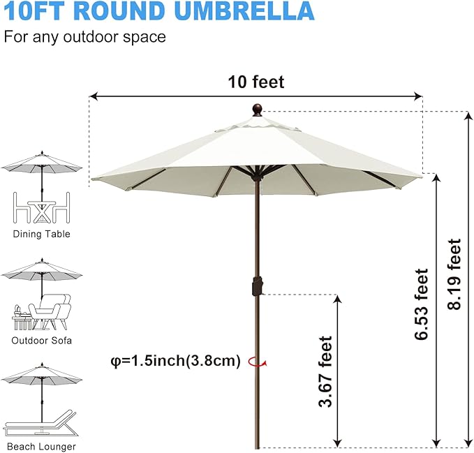 Eurmax USA 10-Year-Non-Fading 10FT Outdoor Patio Market Umbrella,UPF50+ UV Resistant Sun Shade,Heavy Duty Commercial Grade,Crank Lift Design,Windproof Vented Top for Garden,Pool,Deck,Natural