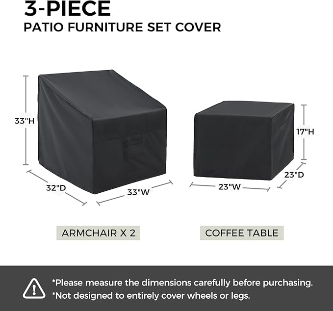 Loriano Patio Furniture Covers Set, 3 Piece Outdoor Furniture Cover Waterproof, 500D Heavy Duty Lawn Furniture Covers Set Black