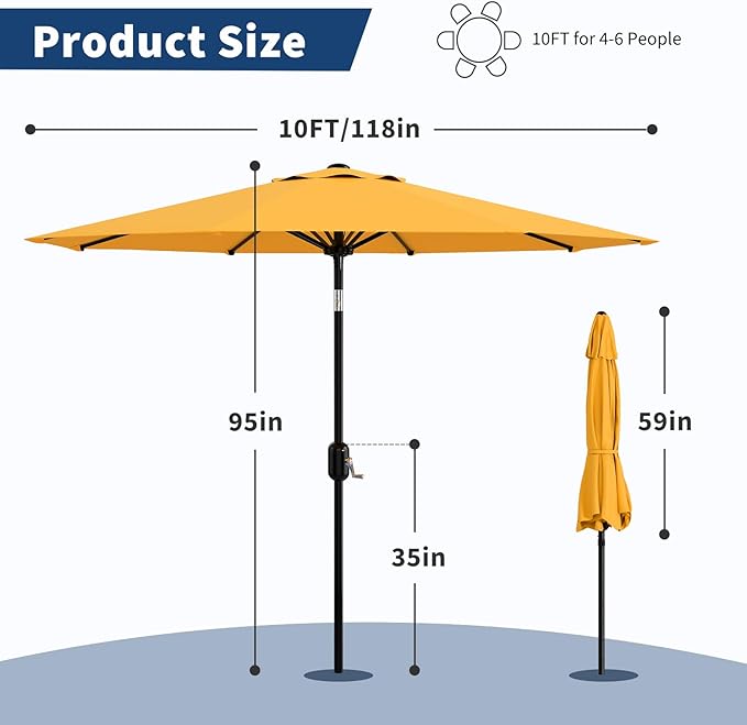 Garvee 10 ft Outdoor Patio Umbrella 8 Sturdy Ribs Outdoor Table Umbrella with Crank Lift & Push Button Tilt - UV Protection Waterproof Market Umbrellas for Pool, Deck, Yard, Garden, Yellow