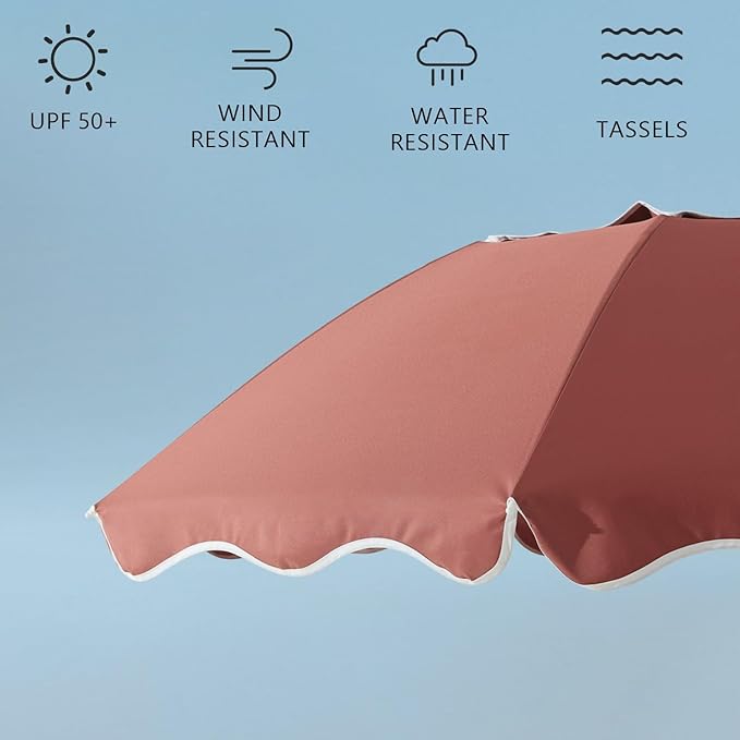 7.2FT Patio Beach Umbrella, Adjustable Height and Tilt Design, UPF 50+ Sun Protection with Silver Coating, Wind-Resistant Fiberglass Ribs, Portable 2-Fold Design, Includes Carry Bag, Base Not Included