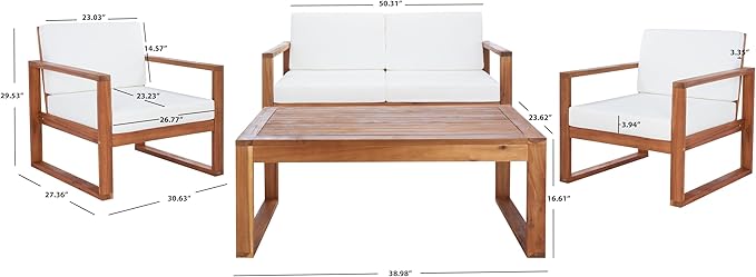SAFAVIEH Outdoor Collection Emiko Natural/Beige Cushion Solid Wood 4-Piece Conversation Patio Set