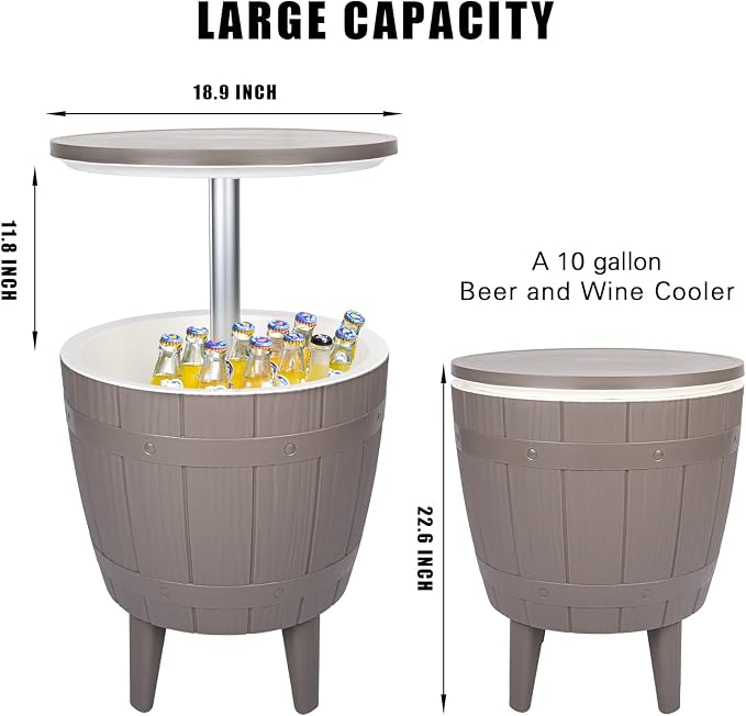 Vipush Outdoor Cooler Table - 10 Gal Adjustable Height Patio Furniture with Cool Bar for Party, Beer, Wine, Beverage - Pool Deck and Garden Decor