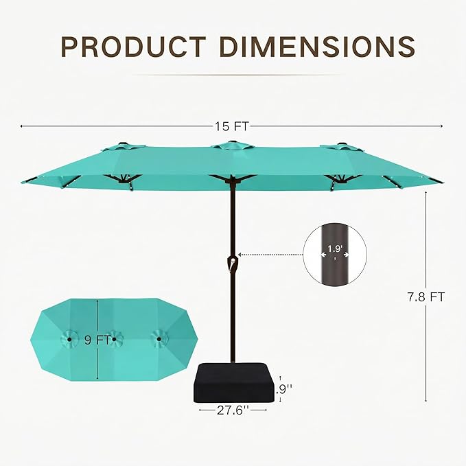 Kingdura 15ft Large Patio Umbrella with Solar Lights, Double-Sided Rectangle Outdoor Table Umbrella with Base Included, 12 Reinforced Ribs, 48 Led Lights, Crank Lift for Market Pool Deck, Tiffany blue