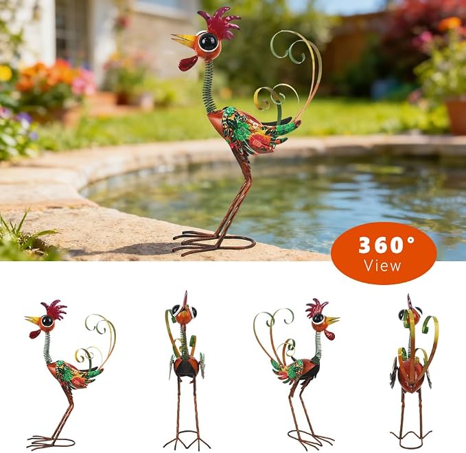 24'' Wacky Rooster Garden Statue for Outside, Patio, Backyard, Lawn | Metal Rooster Decor Yard Statue Decorations, Waterproof Chicken Yard Art, Red