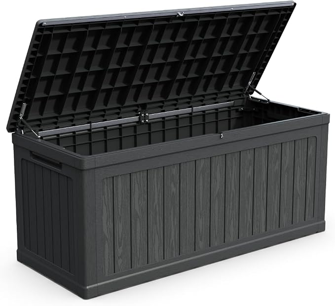 Large Outdoor Storage Deck Box for Patio Furniture, Cushions, Garden Tools and Sports Equipment, Weather-Resistant Resin with Locking Lid (Black + Plastic-1)