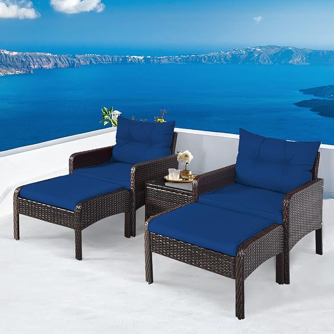 HAPPYGRILL 5 Pieces Patio Furniture Set Outdoor Rattan Wicker Conversation Set with Coffee Table Cushioned Sofas and Ottoman Chat Set for Garden Backyard