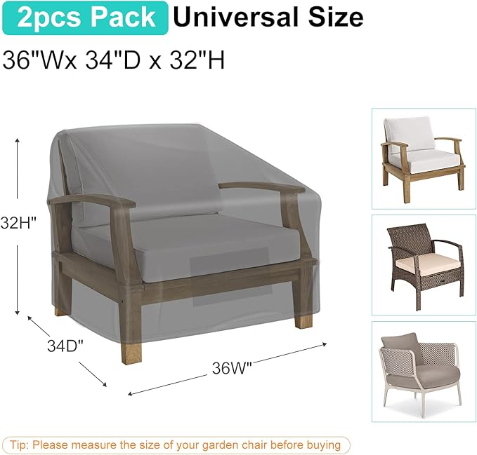 Patio Chair Covers for Outdoor Furniture Waterproof 2 Pack, Lawn Chair Covers 600D Heavy Duty Oxford Cloth, Large Covers for Lounge Lawn Deep Seat Black 36"W×34"D×32"H