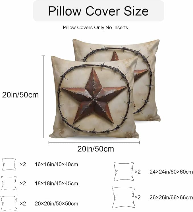 Country Star Retro Waterproof Outdoor Pillow Covers Set of 2 Home Decor, Farmhouse Western Aesthetic Art Pillowcase Patio Pillow Covers for Couch Bench Furniture Garden 26x26in