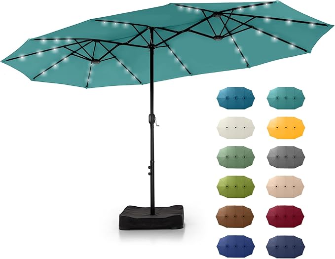 GREEN PARTY 15 ft Large Outdoor Patio Umbrella with Solar Led Lights & Base Included, Double-Sided Rectangular Table Umbrella with Stand, Market Umbrellas for Deck Poolside Garden Backyard, Turquoise