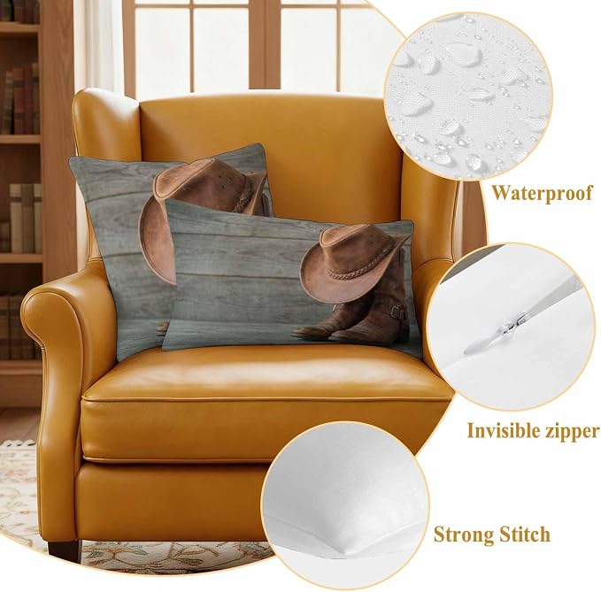 Outdoor Throw Pillow Covers,Western Cowboy Boots Hat Waterproof Decorative Pillowcases Cushion Cover Farm Wooden Plank Pillow Cases for Patio Couch Sofa Bed,24x42in Set of 2
