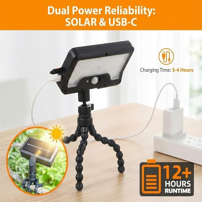 Solar Motion Lights Outdoor with 360° Flexible Tripod USB and Solar Powered 92 LED Super Bright 600LM Motion Sensor Light IP65 Waterproof for Fence Yard Patio Garden RV Camping (1)