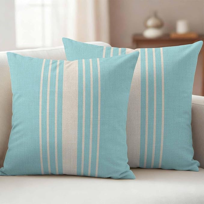 Aqua Beige Striped Outdoor Pillow Covers 20x20 Inch Throw Pillow Covers Set of 2 Waterproof Decorative Pillow Cases Modern Farmhouse Retro Lines Cushion Covers for Patio Furniture Garden Couch Sofa