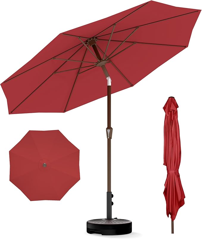 BRIOPAWS 9FT Patio Umbrella with Base Included | Outdoor Table Umbrellas | Push Button Tilt & Crank | 8 Sturdy Fiberglass Ribs | Waterproof | Heavy Duty for Garden Lawn DeckBackyard & Pool