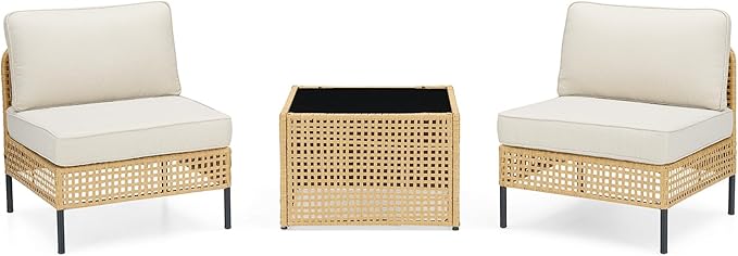 Belord Patio Conversation Sets 3-Piece, Boho Outdoor Furniture with Waterproof Cushions & Table, Wicker Patio Furniture for Porch, Balcony