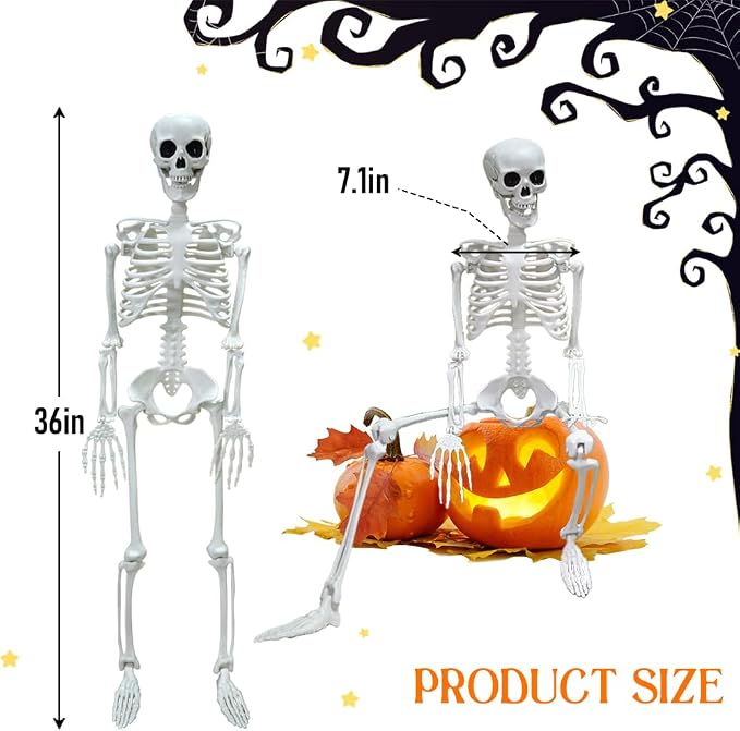 2PACK 36" Skeleton Halloween Decorations, 3FT Skeleton with Movable Joints | Plastic Skeleton for Indoor Outdoor Haunted House Prop Decor